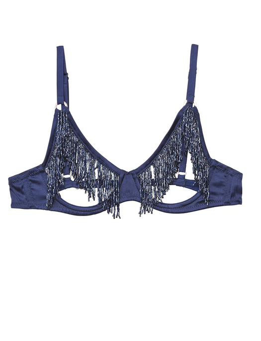 Deep blue and beige laced bras and thongs. Elegant underwear on